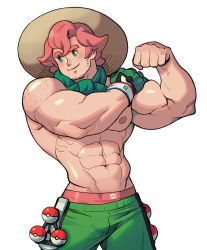 Rule 34 | 1boy, abs, absolum art, bara, bare pectorals, beige headwear, brown hat, clenched hand, closed mouth, commentary, creatures (company), dynamax band, flexing, freckles, game freak, gloves, green eyes, gym leader, hands up, hat, highres, large pectorals, looking to the side, male focus, milo (pokemon), muscular, navel, navel hair, nintendo, nipples, pectorals, pink hair, poke ball, poke ball (basic), pokemon, pokemon swsh, single glove, smile, solo, sun hat, topless male
