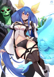 Rule 34 | 1boy, 2girls, absurdres, asymmetrical wings, bare shoulders, belt, black panties, blue hair, blush, breasts, choker, cleavage, closed eyes, dizzy (guilty gear), fingernails, guilty gear, guilty gear xrd, hair between eyes, hair ribbon, hair rings, hand on own chest, highres, jskoyona, large breasts, long hair, looking at viewer, midriff, multiple belts, multiple girls, navel, necro (guilty gear), panties, red eyes, ribbon, sharp fingernails, simple background, skull, tail, tail ornament, tail ribbon, thigh gap, thigh strap, thighhighs, twintails, twitter username, underwear, undine (guilty gear), white background, wide sleeves, wings, yellow ribbon