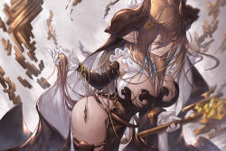 Rule 34 | 1girl, between breasts, black dress, black sleeves, breasts, brown hair, cleavage, closed eyes, covered navel, detached sleeves, dress, earrings, galleon (granblue fantasy), gloves, goat horns, granblue fantasy, hair between eyes, hair ornament, hand in own hair, highres, holding, holding staff, horns, huge breasts, jewelry, long hair, side slit, solo, staff, thighlet, thighs, upper body, very long hair, white gloves, yu pian