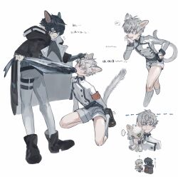 Rule 34 | absurdres, anger vein, animal, animal ears, arknights, armband, biting, black coat, black footwear, black hair, blue eyes, boots, cat boy, cat ears, cat tail, coat, coat on shoulders, facial mark, faust (arknights), fish, green eyes, highres, holding, holding animal, holding fish, holding stuffed toy, hood, hood down, male focus, mephisto (arknights), multiple views, pants, pointy ears, pushing away, pushing face, red armband, shirt, shorts, stuffed animal, stuffed cat, stuffed toy, sweater, tail, thigh strap, turtleneck, turtleneck sweater, white background, white hair, white pants, white shirt, white shorts, yomotobi