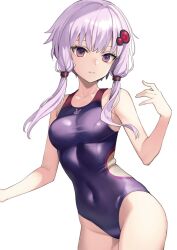 Rule 34 | 1girl, akahara tyun, black one-piece swimsuit, breasts, competition swimsuit, covered navel, cowboy shot, hair ornament, hairclip, medium breasts, one-piece swimsuit, purple eyes, purple hair, short hair with long locks, simple background, solo, standing, swimsuit, voiceroid, white background, yuzuki yukari