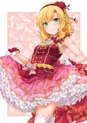 Rule 34 | 1girl, armpits, bare shoulders, blonde hair, blush, bow, braid, commentary, corsage, cowboy shot, dress, floral background, floral print, flower, frilled dress, frills, gloves, gold trim, green eyes, hair flower, hair ornament, hairband, highres, idolmaster, idolmaster cinderella girls, idolmaster cinderella girls starlight stage, layered dress, looking at viewer, rose, rose background, rose print, sakurai momoka, short hair, sirurabbit, skirt hold, sleeveless, sleeveless dress, smile, solo, thighhighs, wavy hair, white flower, white gloves, white rose, white thighhighs, wrist bow