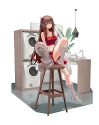 Rule 34 | 1girl, absurdres, ai dongdong, alternate costume, bare legs, bare shoulders, boots, breasts, brown hair, camisole, closed mouth, colored tips, commentary request, contemporary, crop top, faucet, flower, flower-shaped pupils, foot up, full body, fur-trimmed boots, fur-trimmed jacket, fur trim, genshin impact, gradient hair, hair flaps, hair flower, hair ornament, high heel boots, high heels, highres, hu tao (genshin impact), jacket, jacket partially removed, jpeg artifacts, lamp, legs, long hair, looking at viewer, medium breasts, miniskirt, multicolored hair, navel, on stool, open clothes, open jacket, plant, plum blossoms, potted plant, red camisole, red eyes, red flower, red hair, red skirt, sink, sitting, skirt, sleeves past fingers, sleeves past wrists, smile, solo, spaghetti strap, stomach, stool, symbol-shaped pupils, tassel, tassel hair ornament, thighs, tile floor, tiles, very long hair, washing machine, white background, white footwear
