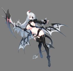 Rule 34 | 1girl, absurdres, boots, breasts, cleavage, closers, demon tail, eyepatch, full body, gloves, highres, horns, large breasts, leg up, levia (closers), long hair, nail polish, official art, partially fingerless gloves, scythe, short shorts, shorts, sideboob, silver hair, single horn, smile, solo, tail, thigh strap, thighs, underboob, very long hair, weapon