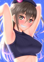 Rule 34 | 1girl, absurdres, armpits, arms up, bare arms, bare shoulders, beret, black hat, black sweater, blue background, blush, breasts, brown eyes, brown hair, commentary request, covered erect nipples, crop top, grin, hair between eyes, hat, head tilt, highres, idolmaster, idolmaster cinderella girls, large breasts, light particles, long hair, looking at viewer, medium breasts, midriff, mole, mole under eye, ribbed sweater, sharp teeth, shirouzu myuuta, sidelocks, sleeveless, smile, solo, stomach, sunazuka akira, sweater, teeth, two side up, upper body