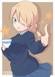 Rule 34 | 10s, 1girl, ;d, black necktie, blonde hair, blue eyes, blue skirt, blue sweater, braid, cbgb, cup, darjeeling (girls und panzer), dress shirt, from side, girls und panzer, head tilt, highres, holding, holding cup, long sleeves, looking at viewer, miniskirt, necktie, one eye closed, open mouth, outside border, pleated skirt, pointing, pointing at viewer, school uniform, shadow, shirt, short hair, skirt, smile, solo, st. gloriana&#039;s school uniform, sweater, teacup, twin braids, upper body, v-neck, white shirt, wing collar