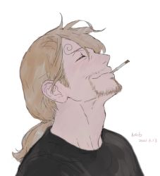 Rule 34 | 1boy, aged up, alternate hairstyle, blonde hair, cigarette, closed eyes, collared shirt, curly eyebrows, facial hair, from side, goatee, hair over one eye, happy, highres, long hair, loose necktie, male focus, mature male, necktie, no.6 (numberr 6), one piece, sanji (one piece), shirt, smile, smoking, solo, upper body