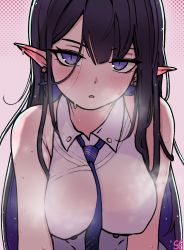 Rule 34 | 1girl, black hair, blue archive, blue eyes, blue necktie, blush, breasts, breath, commentary, dress, earrings, highres, jewelry, long hair, looking at viewer, multicolored hair, necktie, no eyewear, parted lips, pointy ears, purple hair, rin (blue archive), shoeguy, signature, simple background, sleeveless, sleeveless dress, solo, sweat, upper body, white dress