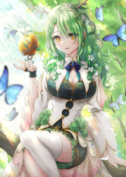 Rule 34 | 1girl, antlers, apple, blush, braid, braided bangs, branch, breasts, bug, butterfly, ceres fauna, cleavage, food, fruit, green hair, green nails, highres, hololive, hololive english, horns, insect, long hair, looking at viewer, medium breasts, mole, mole under eye, nail polish, single braid, solo, sunlight, thighhighs, thighs, virtual youtuber, wajuniorbox, white thighhighs, yellow eyes