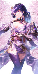 Rule 34 | absurdres, black gloves, blunt bangs, branch, breasts, cherry blossoms, cleavage, eshineko, fingerless gloves, genshin impact, gloves, highres, japanese clothes, kimono, large breasts, long hair, mole, mole under eye, parted lips, purple eyes, purple hair, purple kimono, purple thighhighs, raiden shogun, thighhighs, tree, wide sleeves
