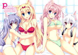 Rule 34 | 4girls, :d, :o, animal ears, arm support, bare shoulders, bikini, blonde hair, blue eyes, blush, breasts, chestnut mouth, cleavage, collarbone, fang, fox ears, fox tail, front-tie top, hair ribbon, holding hands, highres, hug, large breasts, light purple hair, long hair, looking at viewer, multiple girls, navel, o-ring, o-ring bikini, o-ring bottom, o-ring top, open mouth, original, pink eyes, purple eyes, ribbon, side-tie bikini bottom, sitting, smile, swimsuit, tail, tateha (marvelous grace), underboob, white hair