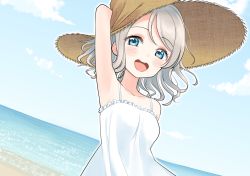 Rule 34 | 1girl, :d, arm behind back, arm up, armpits, beach, blue eyes, blush, brown hat, cloud, cloudy sky, day, deadnooodles, dress, grey hair, hat, looking at viewer, love live!, love live! sunshine!!, medium hair, ocean, open mouth, sky, smile, solo, spaghetti strap, straw hat, sundress, watanabe you, wavy hair, white dress