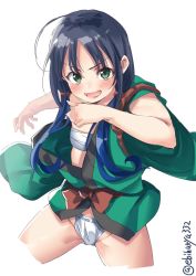 Rule 34 | 1girl, alternate costume, blue hair, blush, breasts, ebifurya, gradient hair, green eyes, hair flaps, hair ribbon, highres, japanese clothes, kantai collection, long hair, looking at viewer, low twintails, multicolored hair, one-hour drawing challenge, open mouth, ribbon, simple background, small breasts, solo, suzukaze (kancolle), twintails, twitter username, white background
