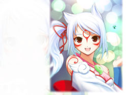 Rule 34 | 1girl, amaterasu (ookami), animal ears, detached sleeves, eyebrows, eyeliner, facial mark, fang, issun, japanese clothes, jpeg artifacts, looking at viewer, makeup, ookami (game), personification, red eyes, side ponytail, smile, solo focus, wallpaper, white hair, wolf ears