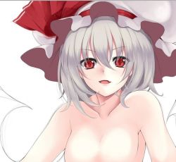 Rule 34 | 1girl, bad id, bad twitter id, bat wings, breasts, collarbone, eyelashes, fang, from below, hat, hat ribbon, looking at viewer, nude, open mouth, red eyes, red ribbon, remilia scarlet, ribbon, short hair, silver hair, small breasts, smile, solo, touhou, utakata (kochou no yume), wings