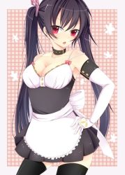 Rule 34 | 1girl, black hair, bloodcatblack, blush, female focus, gloves, long hair, original, red eyes, solo, thighhighs, twintails, waitress