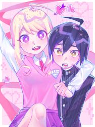 Rule 34 | 1boy, 1girl, :d, :o, ahoge, akamatsu kaede, arm up, blonde hair, blush, brown eyes, buttons, collared shirt, danganronpa (series), danganronpa v3: killing harmony, hair between eyes, heart, hetero, highres, iro (mywife sunny), jacket, knee up, long hair, multicolored hair, necktie, open mouth, pink background, pink eyes, pink hair, pink skirt, pink sweater vest, pleated skirt, red necktie, saihara shuichi, shirt, skirt, smile, striped clothes, striped jacket, sweatdrop, sweater tucked in, sweater vest, teeth, tongue, upper teeth only, white shirt