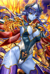 Rule 34 | 1girl, astaroth (shinrabanshou), black horns, black sclera, blue hair, blue skin, braid, breasts, cleavage, colored sclera, colored skin, commentary request, covered navel, demon girl, gauntlets, highres, holding, holding polearm, holding weapon, horns, large breasts, leotard, long hair, looking at viewer, parted lips, pointy ears, polearm, purple legwear, ran&#039;ou (tamago no kimi), shinrabanshou, smile, solo, thighs, twin braids, weapon, yellow eyes