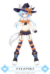 Rule 34 | bare shoulders, blanc, blanc (neptunia), blue hair, boots, breasts, claws, collar, crop top, gloves, halloween, happy, hat, highres, leggings, long hair, navel, neptune (series), official art, open mouth, red eyes, skirt, small breasts, tattoo, thighhighs, thighs, tsunako, white heart (neptunia)