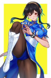 Rule 34 | 1girl, ass, bodysuit, boots, brown pantyhose, capcom, chun-li, chun-li (cosplay), commentary request, cosplay, cross-laced footwear, earrings, flower, gluteal fold, gold hairband, hair flower, hair ornament, hairband, highleg, highres, jewelry, lace-up boots, looking at viewer, pantyhose, parted lips, red eyes, rose, short sleeves, sidelocks, skin tight, smile, solo, spy x family, standing, standing on one leg, street fighter, two-tone background, volyz, white background, white footwear, yellow background, yor briar