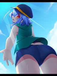 Rule 34 | 1boy, absurdres, alternate hairstyle, androgynous, antenna hair, ass, bare shoulders, blue hair, blush, bulge, cabbie hat, denim, denim shorts, from behind, from below, hat, highres, hood, hooded vest, hoodie, htkku, looking at viewer, looking back, male focus, open mouth, original, red eyes, shiny skin, short hair with long locks, short shorts, shorts, smile, solo, symbol-shaped pupils, trap, vest