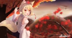 Rule 34 | 1girl, absurdres, animal ears, artist request, autumn, autumn leaves, bare shoulders, black skirt, blonde hair, blush, breasts, commentary, commentary request, detached sleeves, hat, highres, huge filesize, in tree, inubashiri momiji, leaf, looking at viewer, looking back, maple leaf, medium breasts, nature, open mouth, outdoors, pom pom (clothes), red eyes, ribbon-trimmed sleeves, ribbon trim, sarashi, shirt, short hair, sitting, sitting in tree, skirt, sleeveless, sleeveless shirt, solo, tail, tokin hat, touhou, touhou lostword, tree, turtleneck, white shirt, wolf ears, wolf tail