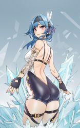 Rule 34 | 1girl, absurdres, ass, back, backless outfit, bare shoulders, black hairband, blue hair, blush, breasts, eula (genshin impact), genshin impact, hairband, highres, ice, kiritzugu, large breasts, looking at viewer, looking back, medium hair, open mouth, purple eyes, solo, thighs