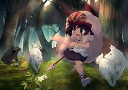 Rule 34 | 1girl, animal, bare arms, brown eyes, brown hair, commentary request, earrings, facepaint, facial mark, frog, fur, headband, jewelry, mask, mononoke hime, necklace, onion pikupiku, san (mononoke hime), short hair, smile, studio ghibli, tooth necklace, weapon, wolf, aged down