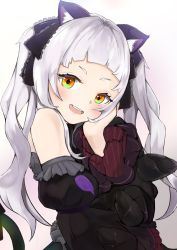 Rule 34 | 1girl, :d, animal ear fluff, animal ears, artist request, bare shoulders, black dress, blunt bangs, blush, cat ears, commentary request, detached sleeves, dress, hand on own cheek, hand on own face, hand up, highres, hololive, long hair, looking at viewer, murasaki shion, murasaki shion (gothic lolita), open mouth, short bangs, silver hair, simple background, smile, solo, twintails, upper body, virtual youtuber, white background, yellow eyes