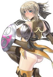 Rule 34 | 1girl, alternate color, ass, blonde hair, blush, boots, bow, breasts, cassandra alexandra, elbow gloves, gloves, green eyes, hair ribbon, kansuke, large breasts, nipples, no panties, ribbon, shield, sideboob, solo, soul calibur, soulcalibur, soulcalibur iv, tan, tanline, thigh boots, thighhighs