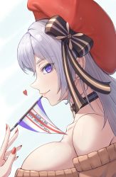 Rule 34 | 1girl, anniversary, azur lane, bare shoulders, belfast (azur lane), belfast (shopping with the head maid) (azur lane), beret, bow, breasts, brown sweater, choker, closed mouth, collarbone, copyright name, earrings, flag, from side, grey hair, hair bow, hair ribbon, hat, heart, highres, holding, holding flag, hoop earrings, jewelry, large breasts, lips, long hair, looking at viewer, nail polish, official alternate costume, profile, purple eyes, red hat, red nails, ribbon, ropi (yyuichi29), sideboob, smile, solo, sweater, upper body, white background