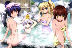 Rule 34 | 10s, 4girls, absolute duo, absurdres, blonde hair, blue hair, blush, breasts, brown eyes, brown hair, cleavage, convenient censoring, covering privates, flat chest, girls mate, highres, hotaka miyabi, legs, lilith bristol, looking back, multiple girls, naked towel, non-web source, nude, official art, onsen, pink eyes, pink towel, ponytail, silver hair, sky, smile, tachibana tomoe (absolute duo), towel, towel on head, yellow eyes, yellow towel, yurie sigtuna