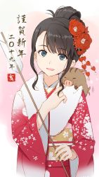 Rule 34 | 1girl, arrow (projectile), black eyes, black hair, blush, boar, flower, hair flower, hair ornament, heart, highres, holding, holding arrow, hyuuga azuri, long sleeves, looking at viewer, medium hair, open mouth, original, smile, solo, translation request, upper body