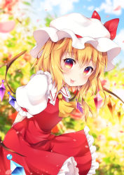 Rule 34 | 1girl, :p, arms behind back, ascot, blonde hair, blue sky, blurry, blush, cloud, commentary request, crystal, day, depth of field, flandre scarlet, garden, hair between eyes, hat, hat ribbon, highres, leaning forward, looking at viewer, miy@, mob cap, outdoors, petals, puffy short sleeves, puffy sleeves, red eyes, red skirt, red vest, ribbon, shirt, short hair, short sleeves, side ponytail, skirt, sky, solo, standing, tongue, tongue out, touhou, vest, white shirt, wind, wings, yellow ascot