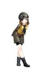 Rule 34 | 1girl, arm behind back, artist request, bike shorts, black eyes, black footwear, boots, brown hair, fiona westbury, formation girls, full body, goggles, goggles on headwear, hat, highres, crossed legs, official art, solo, standing, transparent background, vest, yellow vest