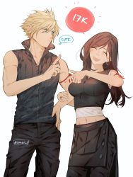 Rule 34 | 1boy, 1girl, apron, arm ribbon, bare shoulders, black hair, blonde hair, blue eyes, blush, breasts, brown hair, cloud strife, couple, cowboy shot, crop top, earrings, english text, final fantasy, final fantasy vii, final fantasy vii advent children, hand on own hip, hand up, high collar, highres, holding another&#039;s arm, index finger raised, jewelry, large breasts, long hair, looking at another, maiii (smaii i), midriff peek, navel, pants, ribbon, ring, sleeveless, speech bubble, spiked hair, tank top, tifa lockhart, vanilla, waist apron, white background