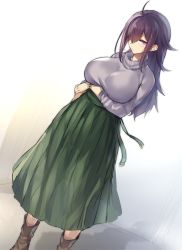 Rule 34 | 1girl, bad id, bad twitter id, blush, boots, breasts, brown footwear, gradient background, green skirt, grey sweater, hair over one eye, haruto (pokoten), large breasts, long hair, long skirt, looking at viewer, original, pleated skirt, pokoten (pokoten718), purple eyes, shadow, sidelocks, skirt, solo, sweater