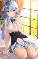 Rule 34 | 1girl, absurdres, ahoge, arm support, bed, blue hair, breasts, cleavage cutout, clothing cutout, commentary request, cross-laced clothes, curtains, dated, flower, frills, hair between eyes, hair flower, hair ornament, half updo, highres, hololive, large breasts, long hair, looking at viewer, plant, pointy ears, potted plant, shiina aoi, shiny skin, signature, sitting, solo, thighs, virtual youtuber, window, yellow eyes, yokozuwari, yukihana lamy