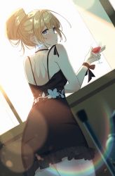Rule 34 | 1girl, absurdres, back, bare arms, bare shoulders, black dress, black ribbon, blonde hair, blue eyes, blush, closed mouth, cowboy shot, cup, dress, drinking glass, dutch angle, earrings, floral print, frilled dress, frills, from behind, highres, holding, holding cup, hololive, hololive english, jewelry, jl tan, looking at viewer, looking back, ribbon, sleeveless, sleeveless dress, solo, standing, virtual youtuber, watson amelia, watson amelia (party dress), wrist ribbon