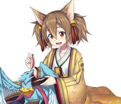 Rule 34 | 1girl, :d, animal ears, brown hair, cat ears, collarbone, dragon, feeding, food, hair between eyes, hair ribbon, japanese clothes, kimono, long hair, meat, mini dragon, open mouth, pina (sao), red eyes, red ribbon, ribbon, silica, silica (sao-alo), smile, solo, sword art online, transparent background, upper body