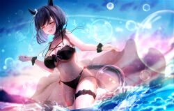 Rule 34 | 1girl, absurdres, alternate costume, animal ears, bare shoulders, bikini, black hair, breasts, closed eyes, ear covers, eishin flash (umamusume), fujimoto setsuna, highres, horse ears, horse tail, large breasts, medium breasts, ocean, open mouth, outdoors, scrunchie, solo, stomach, swimsuit, tail, thigh scrunchie, umamusume, wrist scrunchie