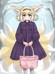 Rule 34 | 1girl, absurdres, animal ear fluff, animal ears, arknights, bag, bare tree, blonde hair, blue hairband, blush, braid, braided hair rings, closed mouth, coat, commentary, day, english commentary, feet out of frame, fox ears, fox girl, fox tail, green eyes, grey pantyhose, hair between eyes, hair rings, hairband, highres, holding, holding bag, kitsune, kyuubi, long sleeves, looking at viewer, multicolored hair, multiple tails, outdoors, pantyhose, puffy long sleeves, puffy sleeves, purple coat, rylaera, smile, snow, solo, suzuran (arknights), tail, tree, twin braids, two-tone hair, white hair