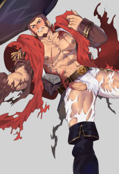 Rule 34 | 1boy, abs, absurdres, bara, beard, blue eyes, blush, brown hair, epaulettes, facial hair, fate/grand order, fate (series), goatee, highres, huan shi tian tong, large pectorals, large penis, long sideburns, long sleeves, looking at viewer, male focus, military, military uniform, muscular, napoleon bonaparte (fate), nipples, open clothes, pants, pectorals, penis, scar, sideburns, simple background, solo, torn clothes, uncensored, uniform