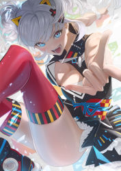Rule 34 | 1girl, bare shoulders, blue eyes, blush, breasts, cleavage, cleavage cutout, clothing cutout, dress, floating hair, hair ornament, hairclip, highres, imizu (nitro unknown), kaguya luna, large breasts, looking at viewer, obi, open mouth, reaching, reaching towards viewer, sash, sharp teeth, silver hair, sleeveless, sleeveless dress, smile, solo, teeth, the moon studio, thighhighs, twintails, virtual youtuber