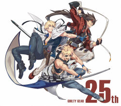 Rule 34 | 3boys, aqua eyes, black gloves, blonde hair, blue eyes, blue gloves, brown hair, covered abs, eyepatch, family, father-in-law and son-in-law, father and son, fingerless gloves, flag, flagpole, forehead protector, gloves, grandfather and grandson, guilty gear, guilty gear strive, headband, highres, holding, holding flag, ky kiske, long hair, long sleeves, looking at viewer, male focus, multiple boys, muscular, muscular male, open mouth, pectorals, ponytail, red eyes, short hair, simple background, sin kiske, smile, sol badguy, spiked hair, talgi, weapon