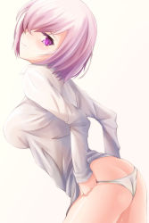 Rule 34 | 1girl, adjusting clothes, adjusting panties, ahsiu, arched back, ass, blush, breasts, butt crack, closed mouth, collared shirt, commentary request, contrapposto, dressing, covered erect nipples, eyelashes, fate/grand order, fate (series), from side, hair over one eye, highres, light purple hair, looking at viewer, looking back, mash kyrielight, medium breasts, no pants, panties, purple eyes, revision, shirt, short hair, simple background, solo, standing, underwear, white background, white panties, white shirt