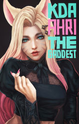 Rule 34 | 1girl, absurdres, ahri (league of legends), animal ears, aqua eyes, blonde hair, blue eyeshadow, breasts, character name, come hither, commentary, crop top, english commentary, eyeliner, eyeshadow, facial mark, fingernails, fox ears, hair ornament, hairclip, highres, k/da (league of legends), league of legends, lipstick, long hair, makeup, medium breasts, midriff, monori rogue, nail polish, nose, pink hair, pink nails, sharp fingernails, solo, the baddest ahri, whisker markings