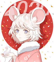 Rule 34 | 1girl, 2020, absurdres, animal, animal ear fluff, animal ears, blue eyes, confetti, expressionless, happy new year, highres, holding, holding animal, japanese clothes, kimono, looking at viewer, mouse (animal), mouse ears, mouse girl, nengajou, new year, original, pink kimono, short hair, solo focus, tail, touchika, upper body, white hair