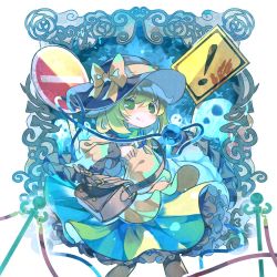 Rule 34 | !, 1girl, bag, black hat, bow, clenched hand, commentary request, cowboy shot, dress, framed, frills, ghost, green dress, green eyes, green hair, hand up, handprint, hat, hat bow, heart, heart of string, komeiji koishi, long sleeves, looking at viewer, neck ribbon, no entry sign, ribbon, road sign, sekisei (superego51), shirt, short hair, shoulder bag, sign, smile, solo, stanchion, third eye, touhou, warning sign, wide sleeves, yellow bow, yellow shirt