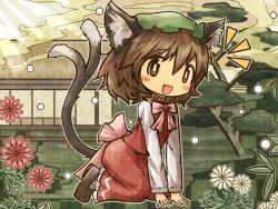 Rule 34 | 1girl, akihiyo, all fours, animal ears, blush stickers, bow, brown eyes, brown hair, cat, cat ears, cat tail, chen, earrings, fang, female focus, flower, hat, house, jewelry, multiple tails, open mouth, rooftop, sitting, solo, tail, touhou, tree